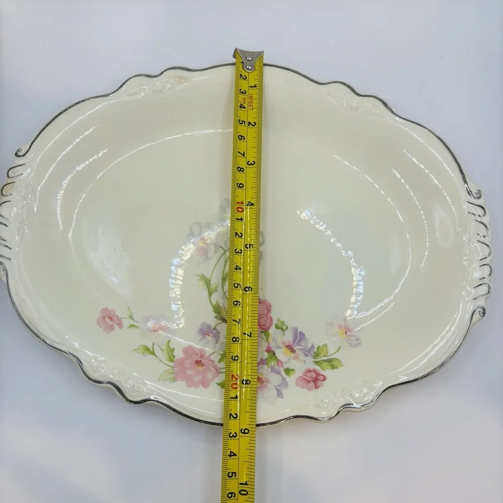 Vintage Homer Laughlin Floral Oval Serving Bowl‎ Silver Trim USA 11.5